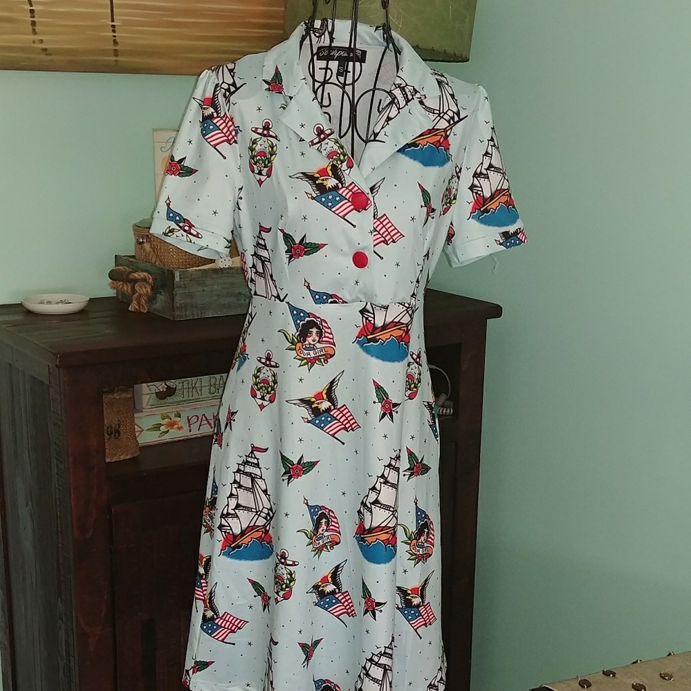 Sourpuss Light Blue Nautical Print Fit-and-Flare Dress